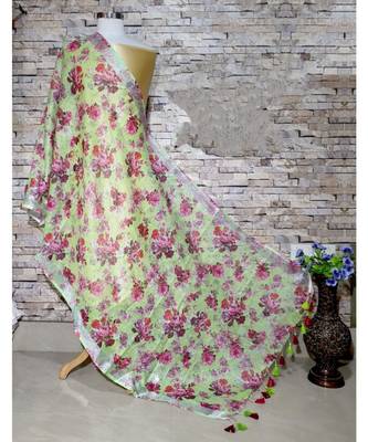 multicolor Handwoven Digitally floral Printed Linen Dupatta with tassels 1