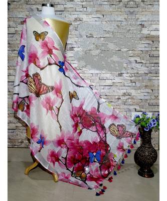 multicolor Handwoven Digitally floral Printed Linen Dupatta with tassels 1