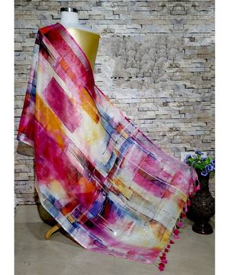 multicolor Handwoven Digitally floral Printed Linen Dupatta with tassels 1