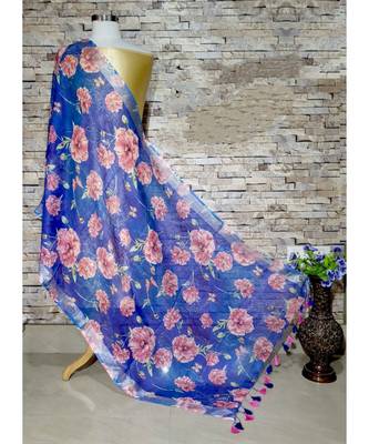 multicolor Handwoven Digitally floral Printed Linen Dupatta with tassels 1