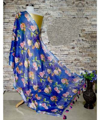 multicolor Handwoven Digitally floral Printed Linen Dupatta with tassels 1