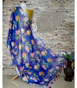 multicolor Handwoven Digitally floral Printed Linen Dupatta with tassels
