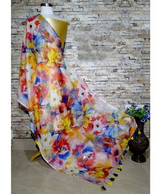 multicolor Handwoven Digitally floral Printed Linen Dupatta with tassels 1