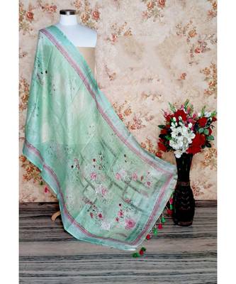 multicolor Handwoven Digitally floral Printed Linen Dupatta with tassels 1