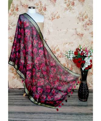 multicolor Handwoven Digitally floral Printed Linen Dupatta with tassels 1