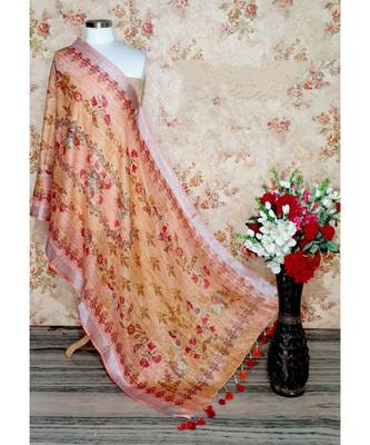 multicolor Handwoven Digitally floral Printed Linen Dupatta with tassels 1
