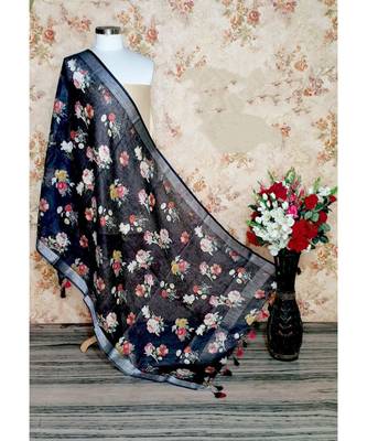 multicolor Handwoven Digitally floral Printed Linen Dupatta with tassels 1
