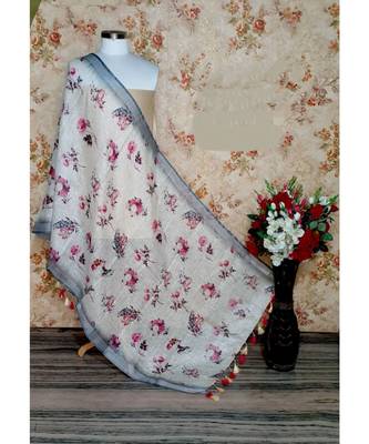 multicolor Handwoven Digitally floral Printed Linen Dupatta with tassels 1
