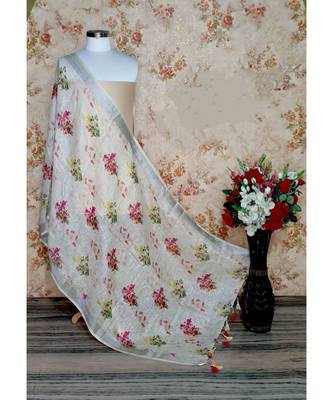 multicolor Handwoven Digitally floral Printed Linen Dupatta with tassels 1