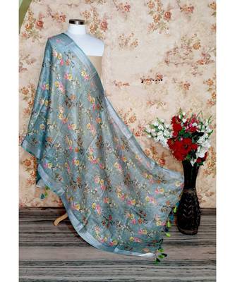 multicolor Handwoven Digitally floral Printed Linen Dupatta with tassels 1