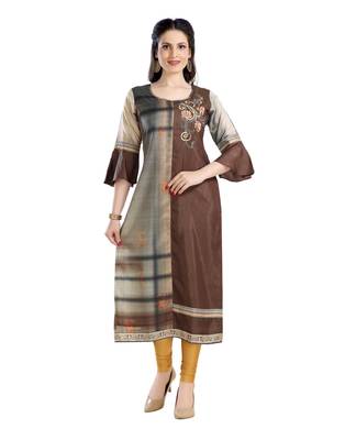 brown printed art silk plus size kurtis 1