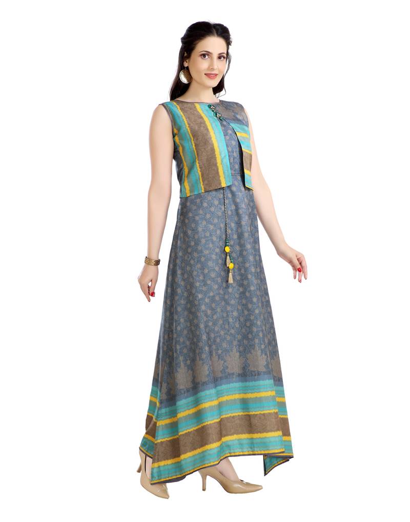 brown printed art silk plus size kurtis