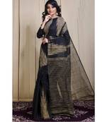 Black Gheecha Work Cotton Silk Temple Design Handloom Saree With blouse