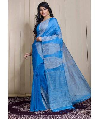 Turquoise Gheecha Work Cotton Silk Temple Design Handloom Saree With blouse 1