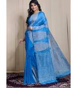 Turquoise Gheecha Work Cotton Silk Temple Design Handloom Saree With blouse