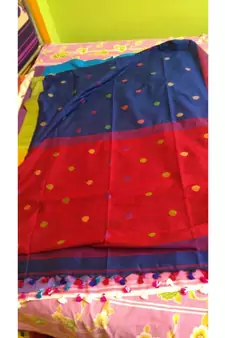 Red and Blue Buti Work Khadi Cotton Handloom Saree With blouse