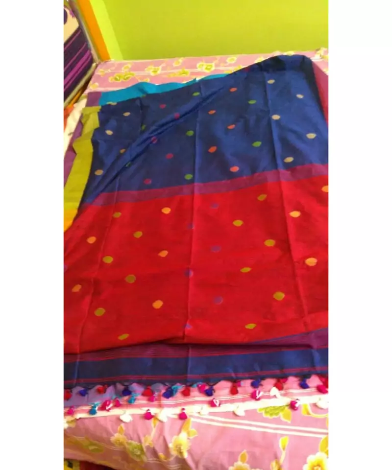 Red and Blue Buti Work Khadi Cotton Handloom Saree With blouse