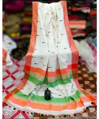 White Buti Work Khadi Cotton Handloom Saree With blouse 1