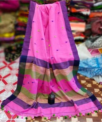 Pink Buti Work Khadi Cotton Handloom Saree With blouse 1