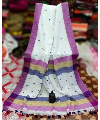 White Buti Work Khadi Cotton Handloom Saree With blouse 1