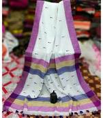 White Buti Work Khadi Cotton Handloom Saree With blouse