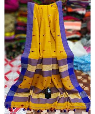 Yellow Buti Work Khadi Cotton Handloom Saree With blouse 1