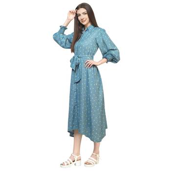 Blue printed cotton long-dresses 3
