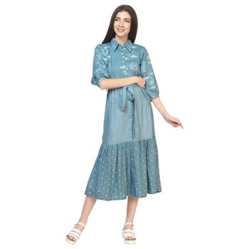 Blue printed cotton long-dresses 1