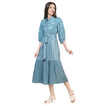 Blue printed cotton long-dresses 3