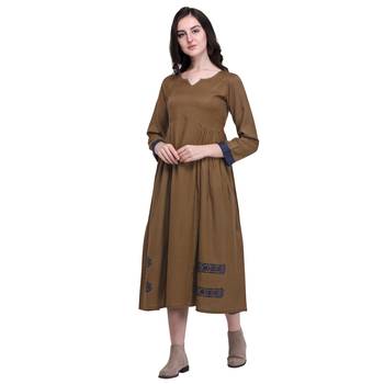 Brown applique blended cotton long-dresses 1