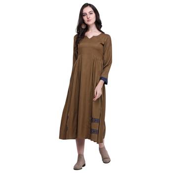 Brown applique blended cotton long-dresses 2
