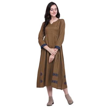 Brown applique blended cotton long-dresses 3