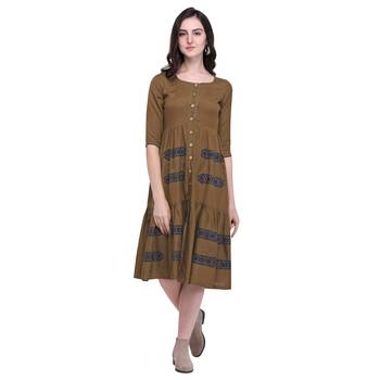 Brown applique blended cotton long-dresses 1