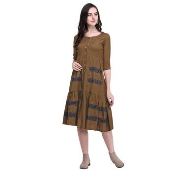 Brown applique blended cotton long-dresses 2