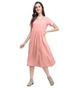 Pink plain blended cotton long-dresses