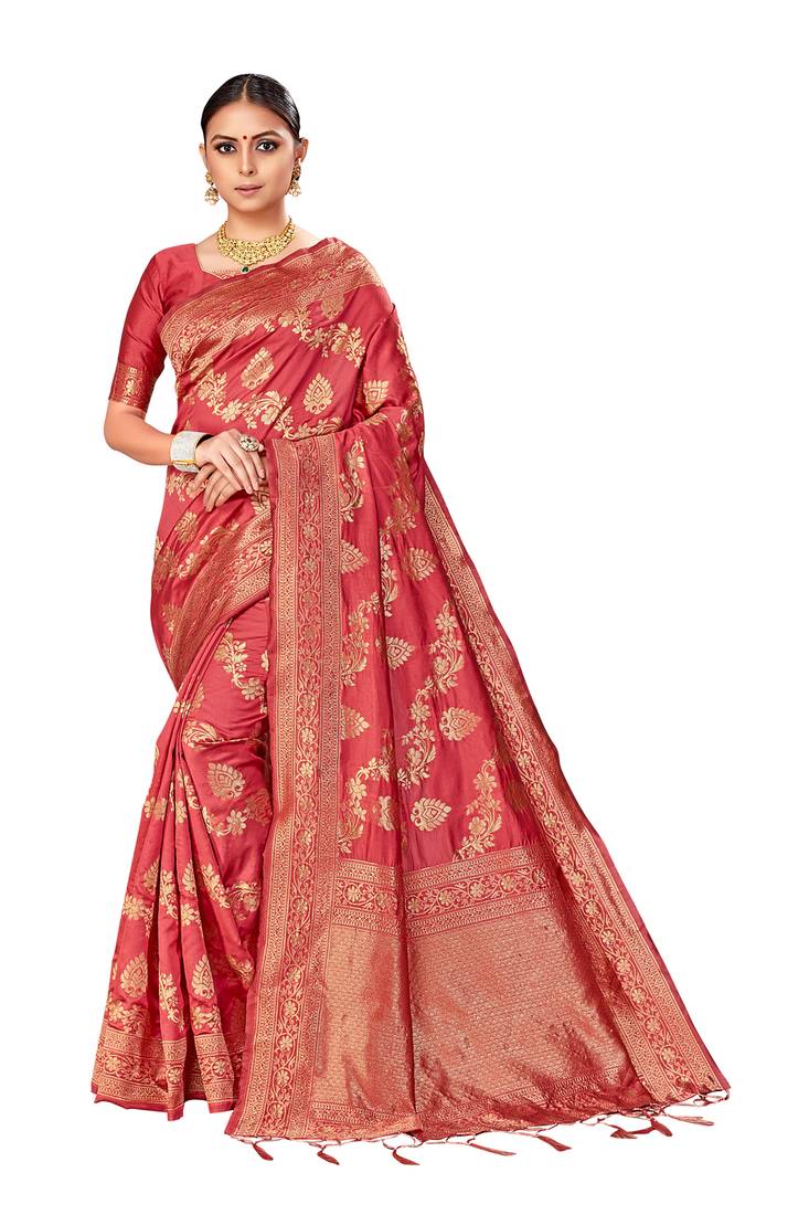 Peach Woven Design Banarasi Silk Blend Saree With Unstitched Blouse Piece