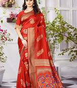 Red woven banarasi silk saree with blouse