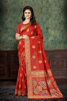Red woven banarasi silk saree with blouse 1
