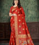 Red woven banarasi silk saree with blouse