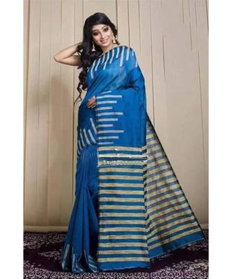 Turquoise Stribe Work Cotton Silk Handloom Saree With Blouse 1