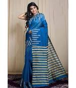 Turquoise Stribe Work Cotton Silk Handloom Saree With Blouse