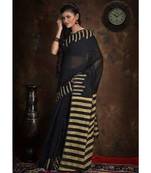 Black Stribe Work Cotton Silk Handloom Saree With Blouse