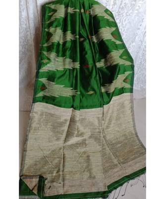 Bottle Green Temple Design Cotton Silk Handloom Saree With Blouse 1
