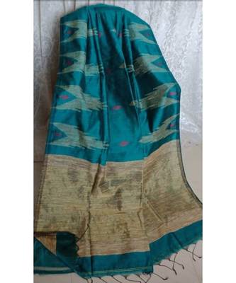 Turquoise Temple Design Cotton Silk Handloom Saree With Blouse 1