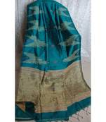 Turquoise Temple Design Cotton Silk Handloom Saree With Blouse