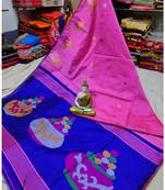 Blue and Pink Mithay Pallu Design Cotton Silk Handloom Saree With Blouse