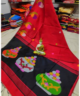 Black and Red Mithay Pallu Design Cotton Silk Handloom Saree With Blouse 1