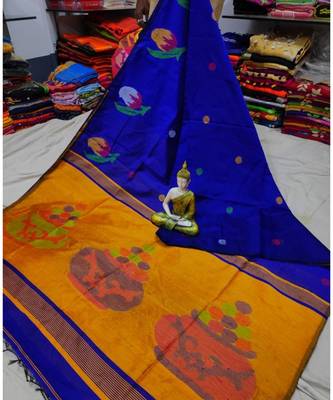 Yellow and Blue Mithay Pallu Design Cotton Silk Handloom Saree With Blouse 1