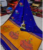 Yellow and Blue Mithay Pallu Design Cotton Silk Handloom Saree With Blouse