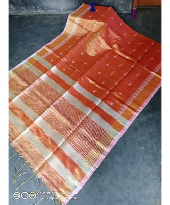 Coral Linen Thread Work Handloom Saree With Blouse 1